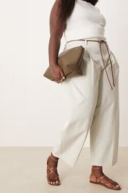 ASOS DESIGN Curve Off White Extreme Barrel Pleated Pants Womens 20 Belted